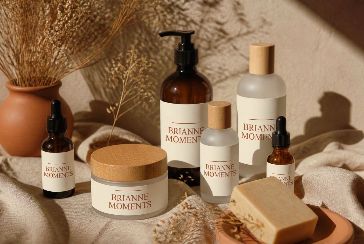 Brianne Moments personal care products arranged on warm linen
